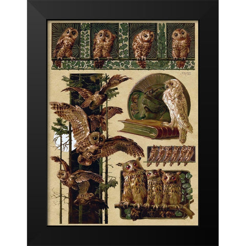 Owls Black Modern Wood Framed Art Print by Vintage Apple Collection