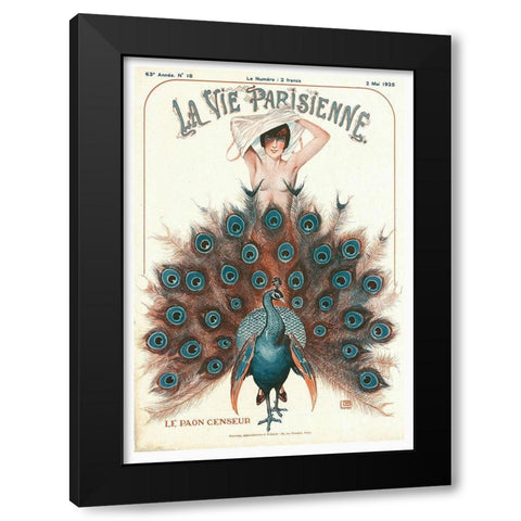 Vintage Art Deco Peacock Black Modern Wood Framed Art Print with Double Matting by Vintage Apple Collection