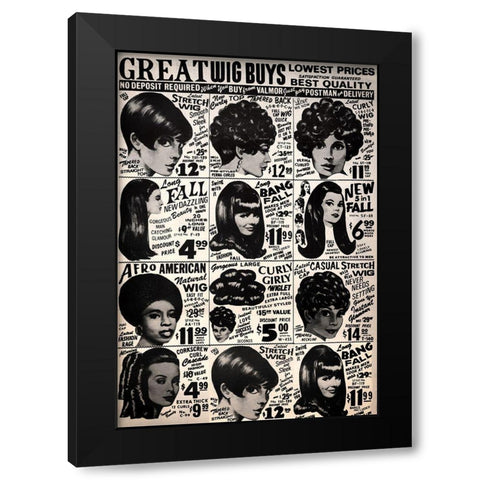 Vintage Wigs Black Modern Wood Framed Art Print with Double Matting by Vintage Apple Collection