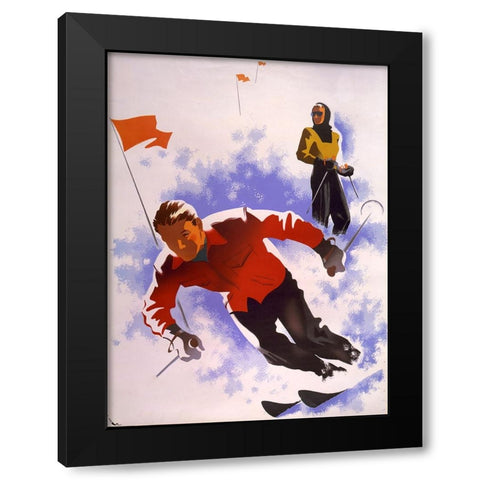 Downhill Skiing Black Modern Wood Framed Art Print with Double Matting by Vintage Apple Collection