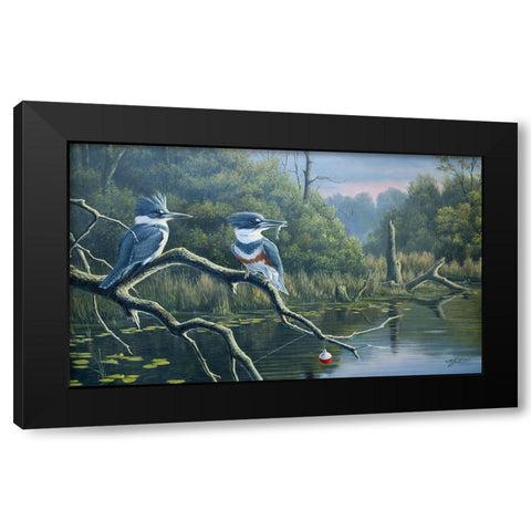 Fishermans Luck, Belted Kingfishers Black Modern Wood Framed Art Print by Goebel, Wilhelm
