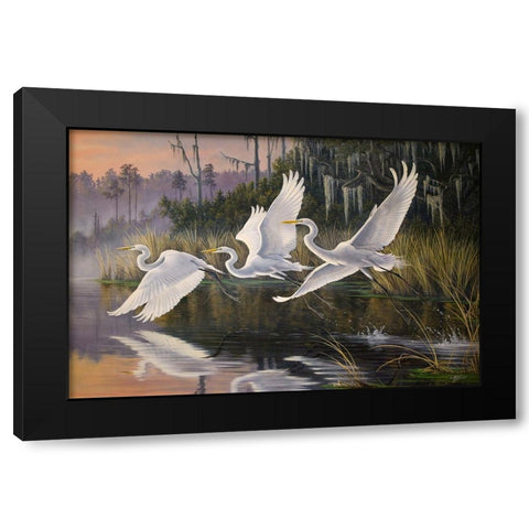 Morning Departure Egrets Black Modern Wood Framed Art Print by Goebel, Wilhelm