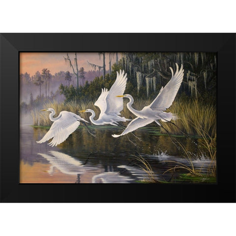 Morning Departure Egrets Black Modern Wood Framed Art Print by Goebel, Wilhelm