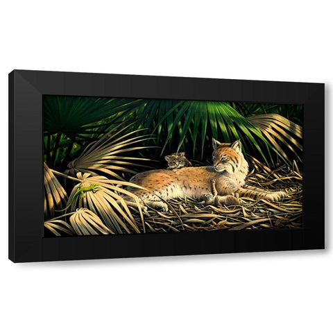 Sunny Spot Bobcat with Kittens Black Modern Wood Framed Art Print by Goebel, Wilhelm