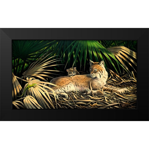 Sunny Spot Bobcat with Kittens Black Modern Wood Framed Art Print by Goebel, Wilhelm