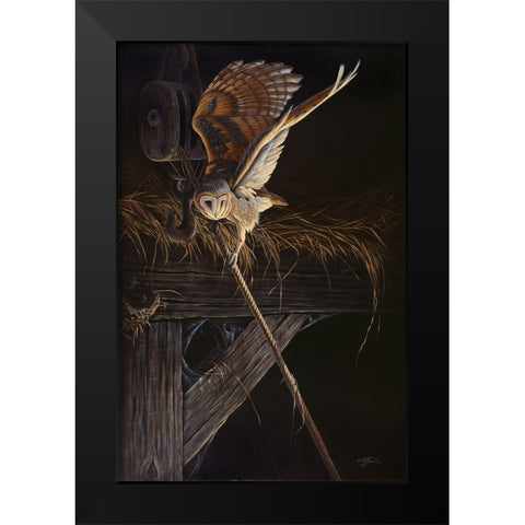 Tight Rope Barn Owl Black Modern Wood Framed Art Print by Goebel, Wilhelm