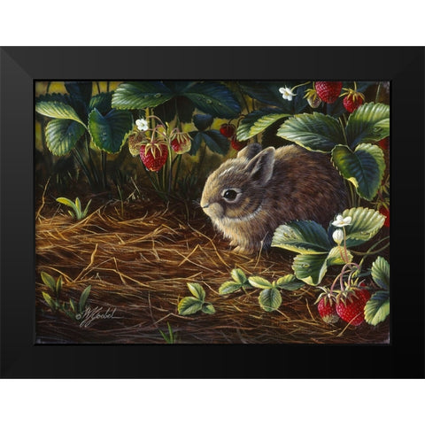 Young Cottontail And Strawberries Black Modern Wood Framed Art Print by Goebel, Wilhelm
