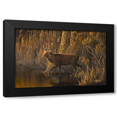 Evening Rounds Sika Deer Black Modern Wood Framed Art Print by Goebel, Wilhelm