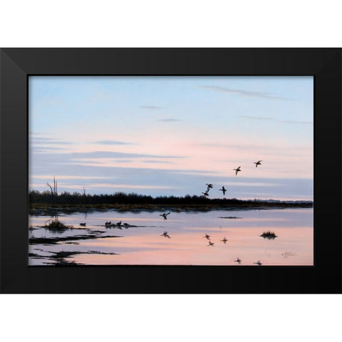 Sunset March Black Ducks Black Modern Wood Framed Art Print by Goebel, Wilhelm