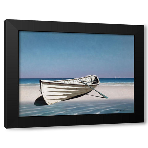 White Boat On Beach Black Modern Wood Framed Art Print by Lu, Zhen-Huan