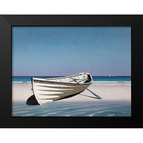 White Boat On Beach Black Modern Wood Framed Art Print by Lu, Zhen-Huan