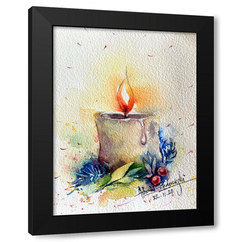 Candle With Cherries Black Modern Wood Framed Art Print with Double Matting by Rudraksi, Ashwini