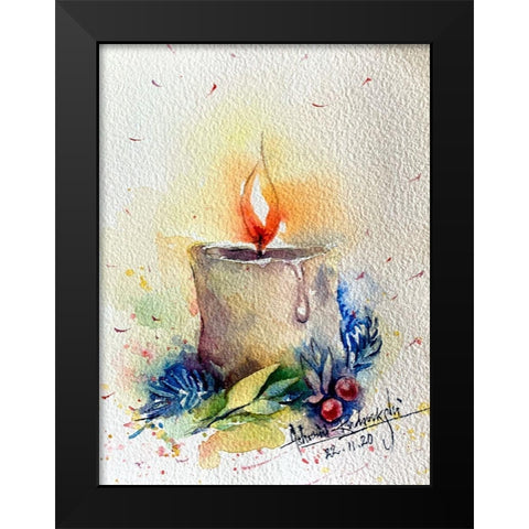 Candle With Cherries Black Modern Wood Framed Art Print by Rudraksi, Ashwini