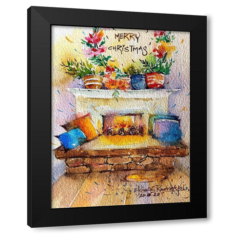 Christmas Fire Place Black Modern Wood Framed Art Print by Rudraksi, Ashwini