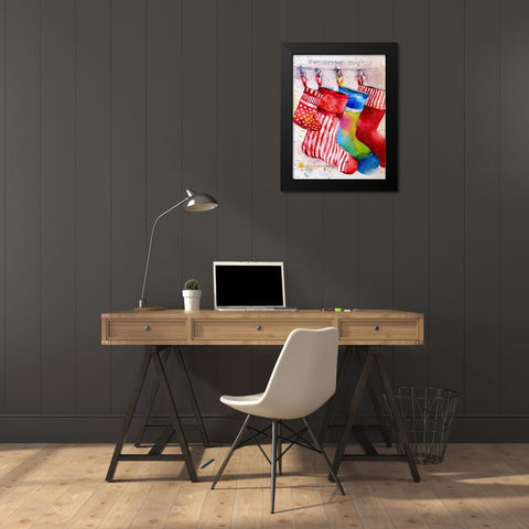 Christmas Socks Black Modern Wood Framed Art Print by Rudraksi, Ashwini
