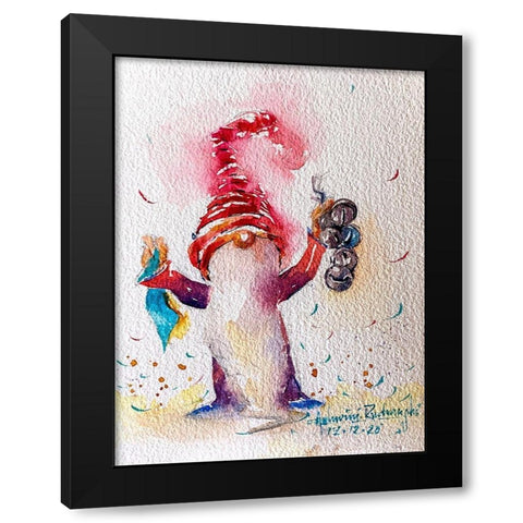 Gnome With Bells Black Modern Wood Framed Art Print by Rudraksi, Ashwini