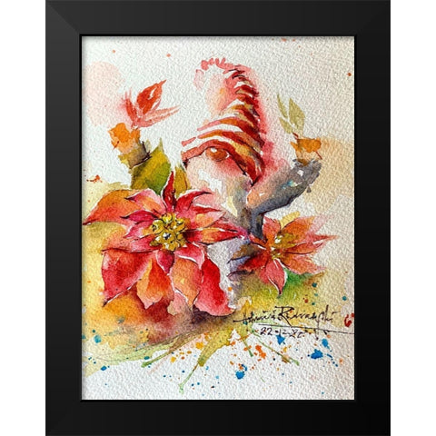 Gnome With Poinsettias Black Modern Wood Framed Art Print by Rudraksi, Ashwini