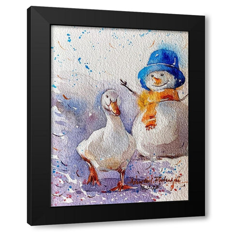 Goose And Snowman Black Modern Wood Framed Art Print by Rudraksi, Ashwini