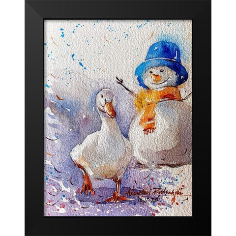 Goose And Snowman Black Modern Wood Framed Art Print by Rudraksi, Ashwini