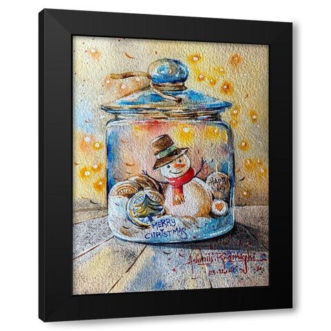 Snowman In Jar Black Modern Wood Framed Art Print by Rudraksi, Ashwini