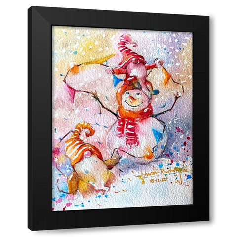 Snowman With Gnome Black Modern Wood Framed Art Print by Rudraksi, Ashwini