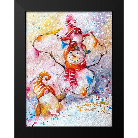 Snowman With Gnome Black Modern Wood Framed Art Print by Rudraksi, Ashwini