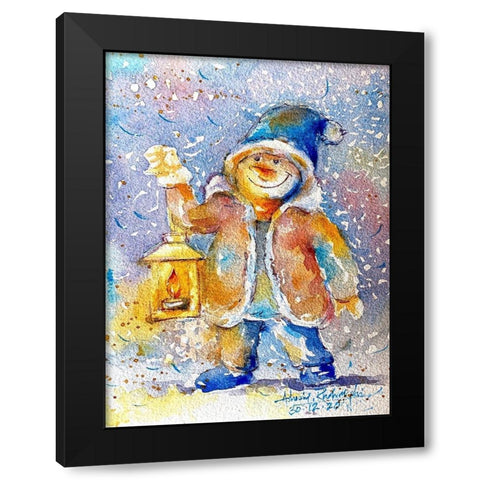 Snowman With Lantern Black Modern Wood Framed Art Print with Double Matting by Rudraksi, Ashwini