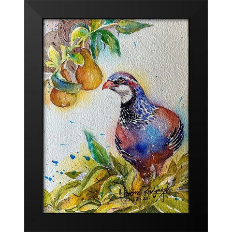 Partridge In Pear Tree Black Modern Wood Framed Art Print by Rudraksi, Ashwini