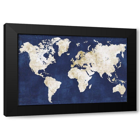 World Map NavyGold Black Modern Wood Framed Art Print with Double Matting by Vidal, Alicia