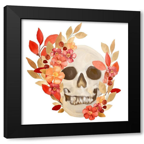 Fall Floral Skull Black Modern Wood Framed Art Print by Bailey, Ann