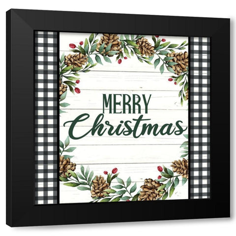 Merry Christmas Plaid Wreath Black Modern Wood Framed Art Print with Double Matting by Bailey, Ann
