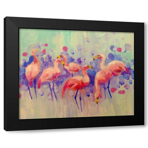Flamingo Party Black Modern Wood Framed Art Print by Boho Hue Studio