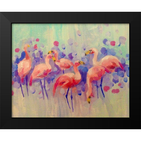 Flamingo Party Black Modern Wood Framed Art Print by Boho Hue Studio