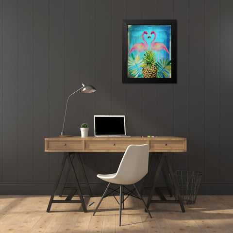 Pineapple Flamingos Black Modern Wood Framed Art Print by Boho Hue Studio