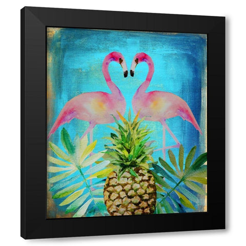 Pineapple Flamingos Black Modern Wood Framed Art Print by Boho Hue Studio