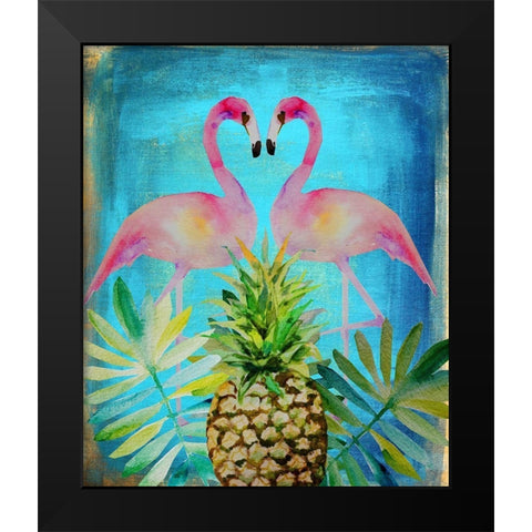 Pineapple Flamingos Black Modern Wood Framed Art Print by Boho Hue Studio