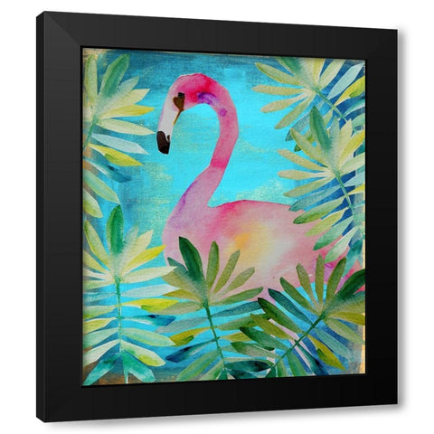 Palm Flamingo 2 Black Modern Wood Framed Art Print by Boho Hue Studio