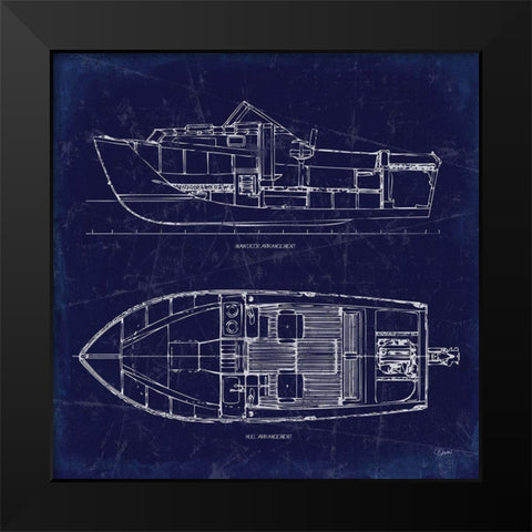 Boat Blueprint 2 Black Modern Wood Framed Art Print by Stevens, Carole