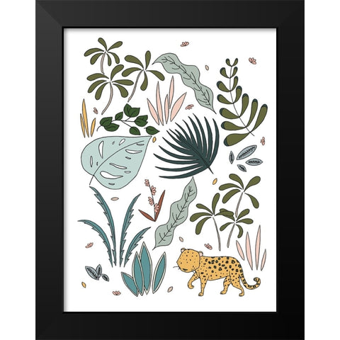 Botanical Jungle Leopard Black Modern Wood Framed Art Print by Sweet Melody Designs