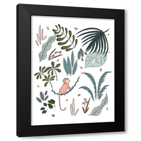 Botanical Jungle Monkey Black Modern Wood Framed Art Print by Sweet Melody Designs