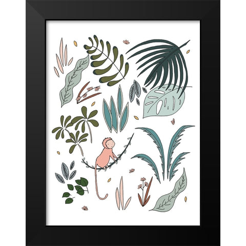 Botanical Jungle Monkey Black Modern Wood Framed Art Print by Sweet Melody Designs