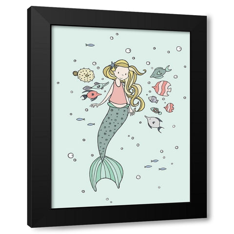 Mermaid And Fish Buddies Black Modern Wood Framed Art Print with Double Matting by Sweet Melody Designs