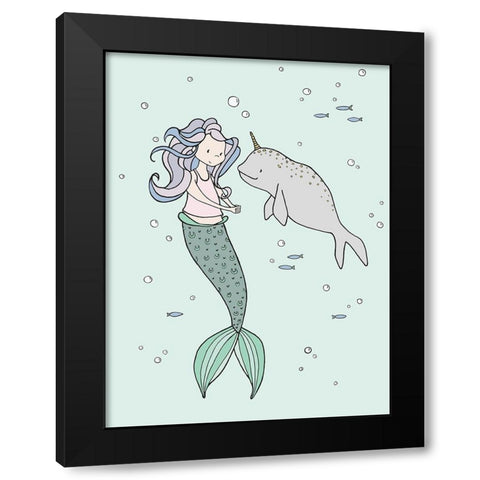 Mermaid And Narwhal Buddies Black Modern Wood Framed Art Print by Sweet Melody Designs