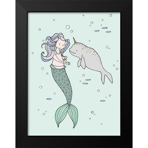 Mermaid And Narwhal Buddies Black Modern Wood Framed Art Print by Sweet Melody Designs