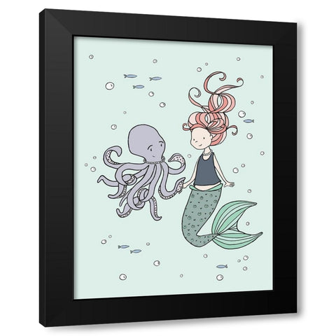 Mermaid And Octopus Buddies Black Modern Wood Framed Art Print with Double Matting by Sweet Melody Designs