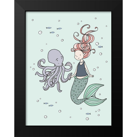 Mermaid And Octopus Buddies Black Modern Wood Framed Art Print by Sweet Melody Designs