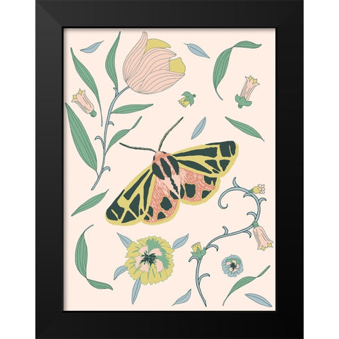 Botanical Tiger Moth Black Modern Wood Framed Art Print by Sweet Melody Designs