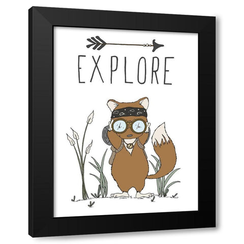 Fox Explore Black Modern Wood Framed Art Print by Sweet Melody Designs