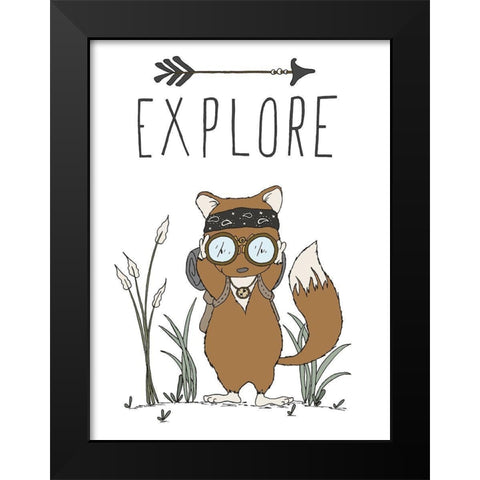 Fox Explore Black Modern Wood Framed Art Print by Sweet Melody Designs