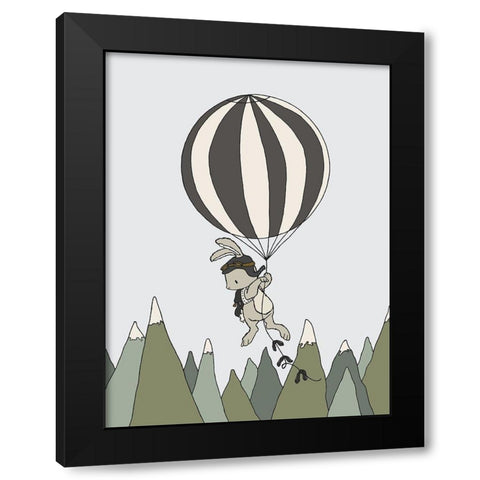 Bunny Balloon Adventure Black Modern Wood Framed Art Print by Sweet Melody Designs